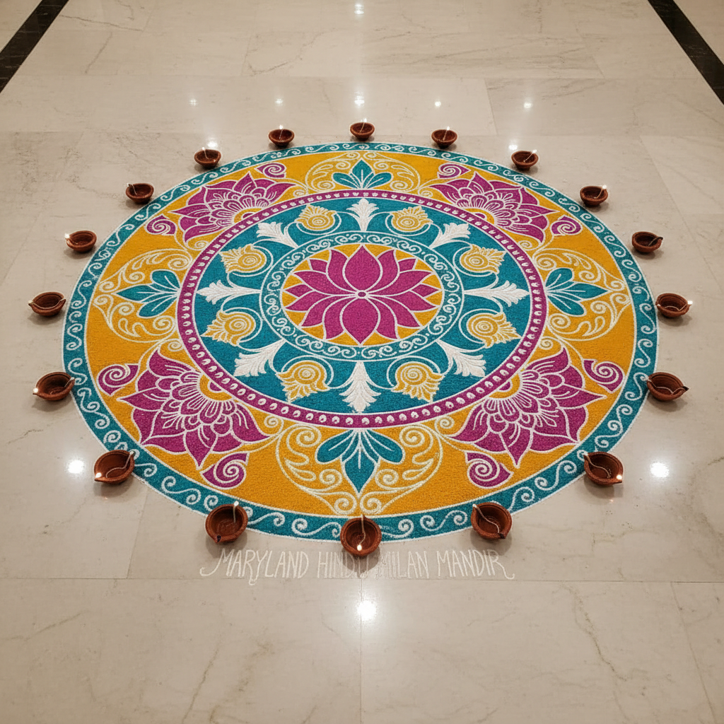 A detailed, photographic-realistic close-up of a vibrant rangoli design created on a smooth, pale marble floor in a mandir foyer. Intricate symmetrical patterns in bright powdered colors—turquoise, marigold yellow, deep magenta, and white—radiate from a central lotus motif. Small unlit clay diyas are evenly spaced along the outer edges of the pattern. Overhead warm lighting gently illuminates the colors, producing soft, minimal shadows that keep the focus on the design’s precision and artistry. Shot from a slightly elevated top-down angle, the composition fills the frame with the rangoli, conveying festive energy, cultural pride, and a welcoming atmosphere without any people present, perfectly suited for highlighting cultural celebrations at the Maryland Hindu Milan Mandir.