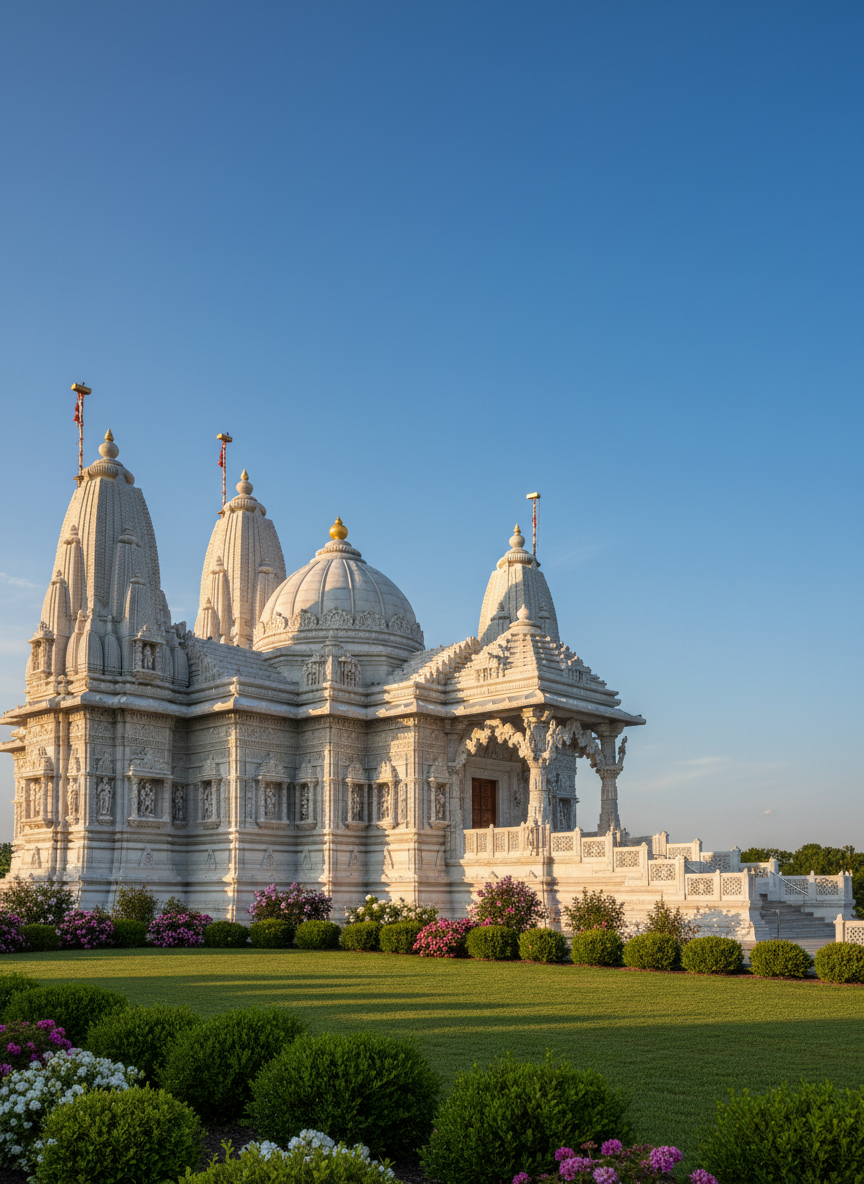 A beautifully detailed exterior view of a Hindu mandir set in suburban Maryland, its pristine white stone shikharas rising gracefully against a clear blue sky. The temple façade features intricate carved patterns, a central domed roof, and a golden kalash glinting softly. Manicured green lawns, carefully trimmed hedges, and flowering shrubs frame the building. Late afternoon golden sunlight washes over the scene, casting gentle, elongated shadows and highlighting architectural details. Captured at eye level in photographic realism with a wide-angle lens, the composition uses the rule of thirds to balance temple and sky, creating a serene, welcoming, and professional atmosphere suitable for a nonprofit community website hero image, with crisp focus from foreground to background.