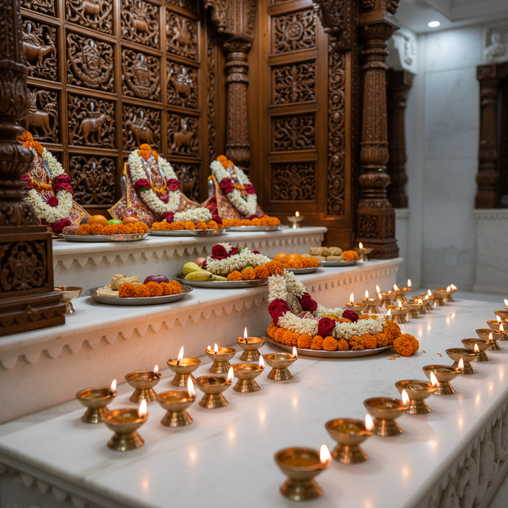 A close-up, photographic-realistic view of an ornate marble mandir altar inside a temple, filled with meticulously arranged brass diyas, polished silver plates, and colorful fresh flower garlands resting on a spotless white marble surface. Behind the altar, carved wooden panels display traditional Hindu motifs and symmetrical patterns, illuminated by warm, soft overhead lighting that creates delicate reflections on the metal surfaces. The scene is captured at a slightly elevated angle with shallow depth of field, keeping the central altar in sharp focus while the background gently blurs. The mood is reverent and peaceful, conveying spiritual depth without any human presence, ideal for communicating the sacred heart of a mandir community in a professional, dignified way.